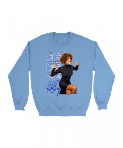 Whitney Houston Bright Colored Sweatshirt | I Will Always Love You Blue Repeating Image Distressed Sweatshirt $5.39 Sweatshirts