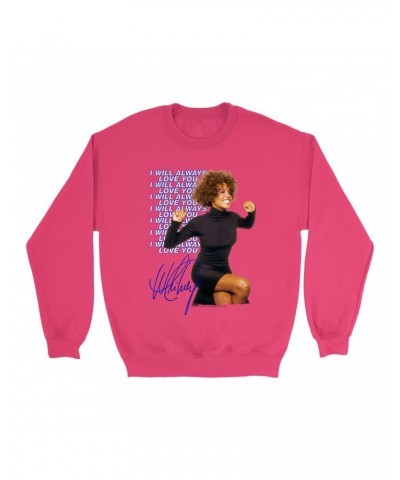 Whitney Houston Bright Colored Sweatshirt | I Will Always Love You Blue Repeating Image Distressed Sweatshirt $5.39 Sweatshirts