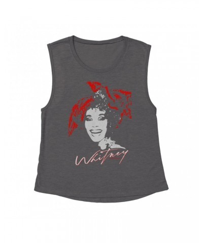 Whitney Houston Ladies' Muscle Tank Top | 1987 Red Scarf Photo Design With Logo Distressed Shirt $13.59 Shirts