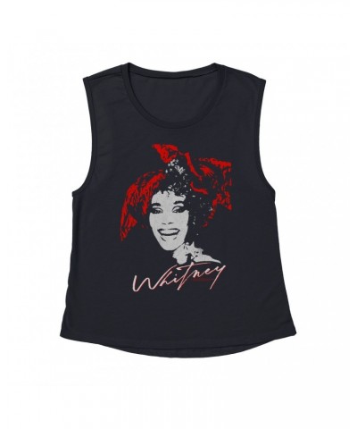 Whitney Houston Ladies' Muscle Tank Top | 1987 Red Scarf Photo Design With Logo Distressed Shirt $13.59 Shirts